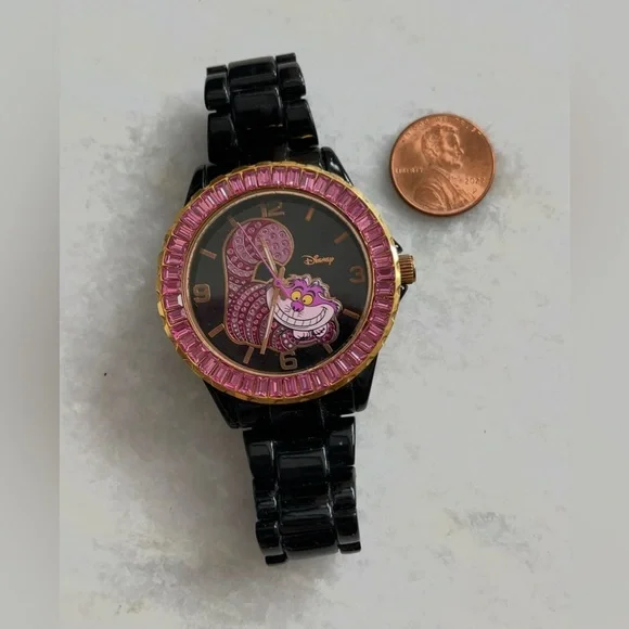 Disney Alice in Wonderland Cheshire Cat Wristwatch Vintage Rare Pink Rhinestones - Picture 3 of 5